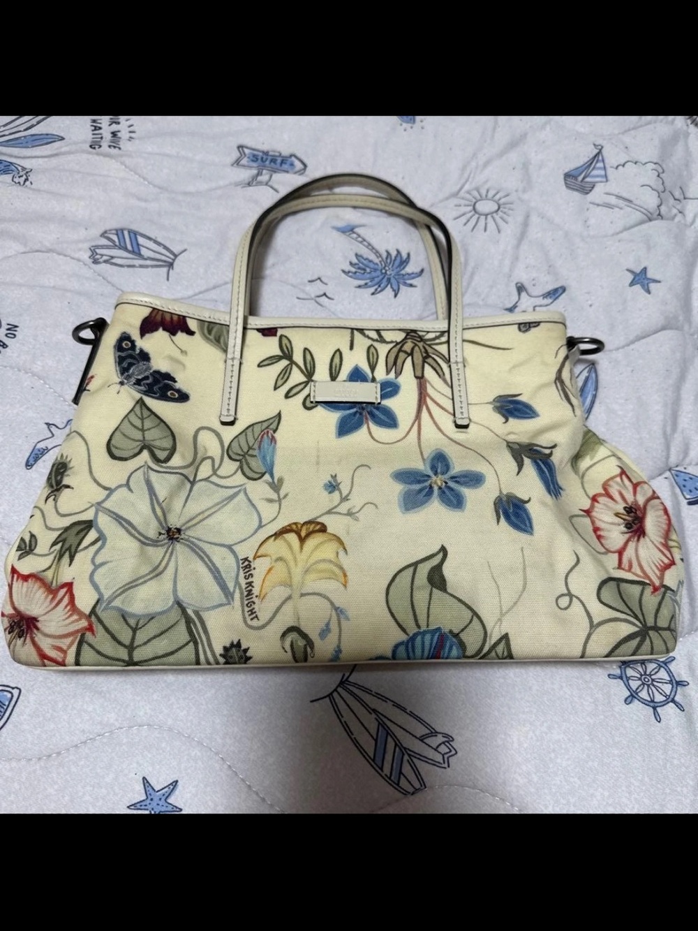 Gucci Cream Floral Canvas Tote with Blue and Green Accents